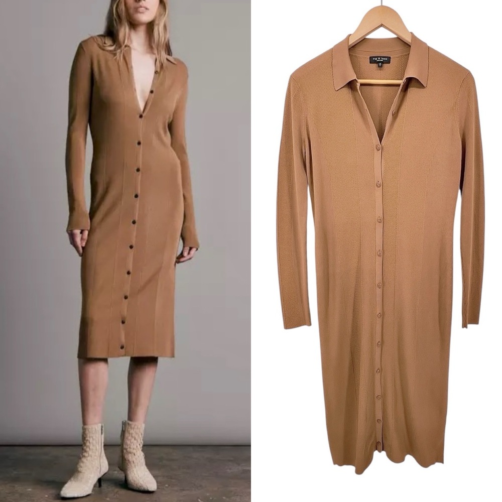 Rag & Bone Pacey Button Down Knit Dress Sz M Ribbed Khaki Midi Collared Fitted